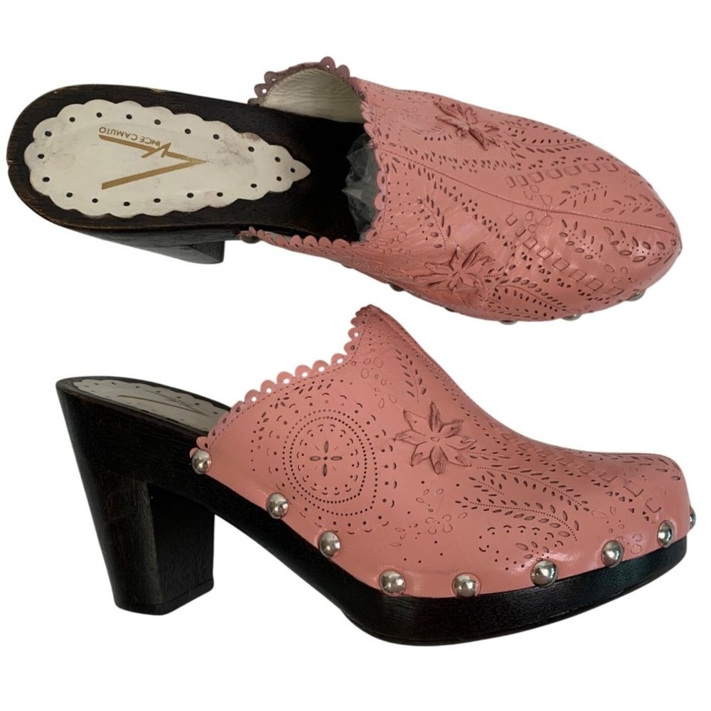 9B Vince Camuto Pink Leather Studded Clogs Mules Wooden Heels Floral Cutout